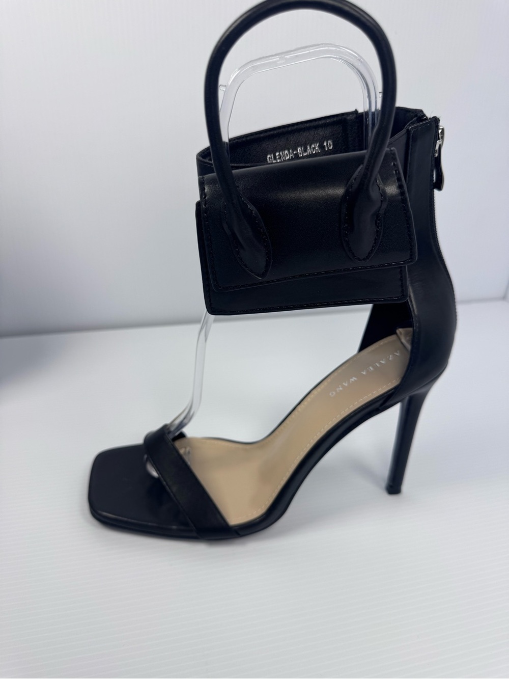 Azalea Wang Glenda Black Ankle Strap Stiletto Heels w/Mini Bag Detail Sz7.5 & 10 - Picture 2 of 9